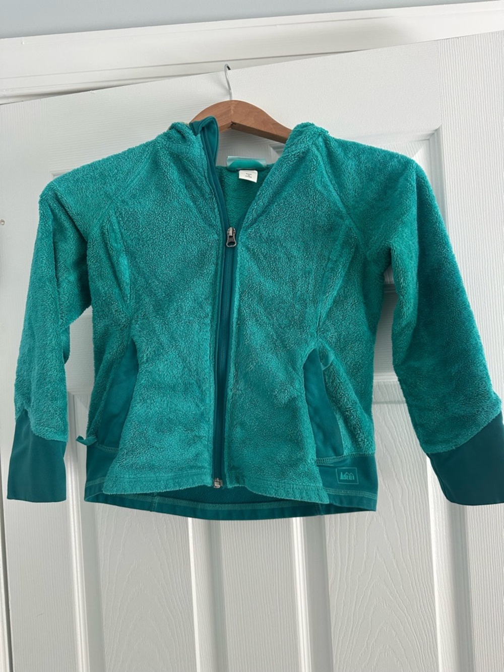 REI Girls' Teal Fleece Hooded Jacket, size 8